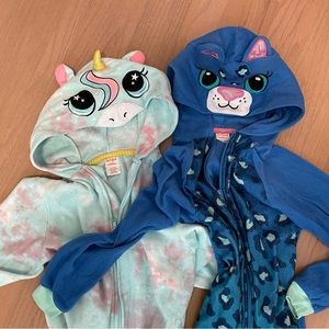 2 onesies / one piece zip-front fleece unicorn and blue cat